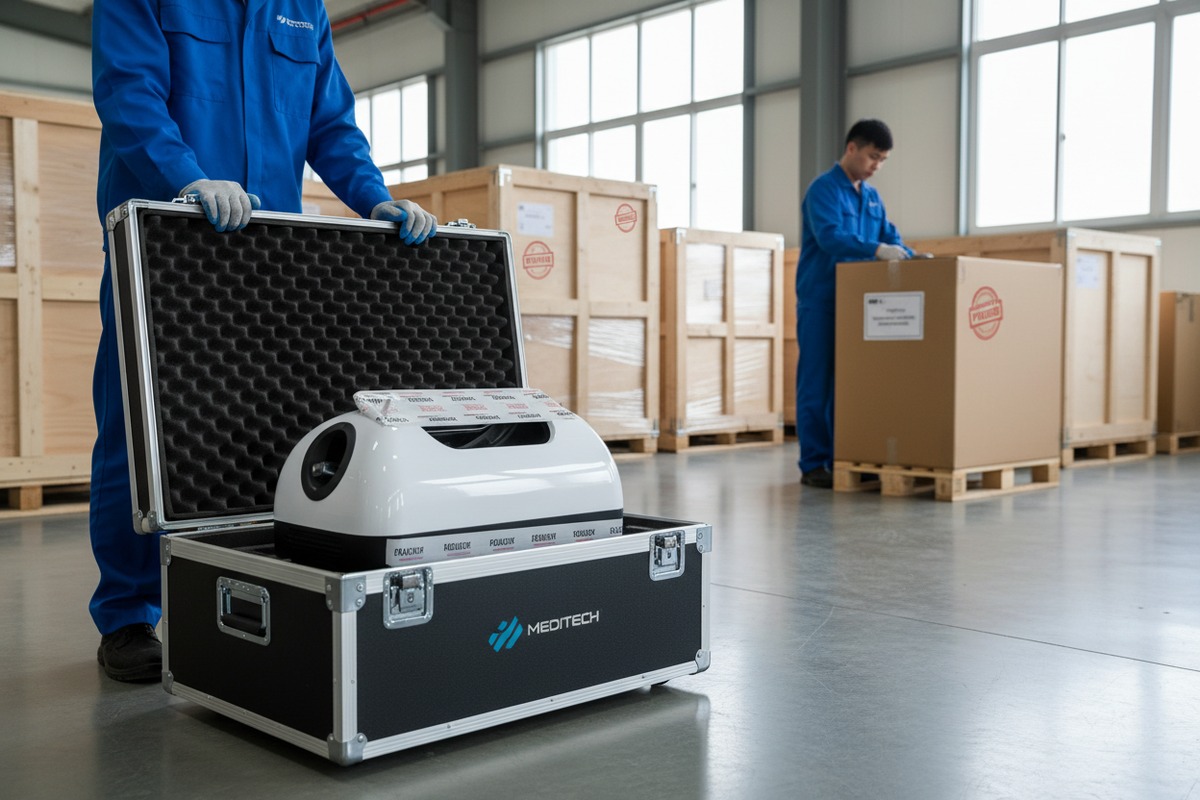 Pre-Shipment Packaging Inspection Inspecting pre-shipment packaging and moisture barriers for shockwave therapy machine transit protection (ID#5)