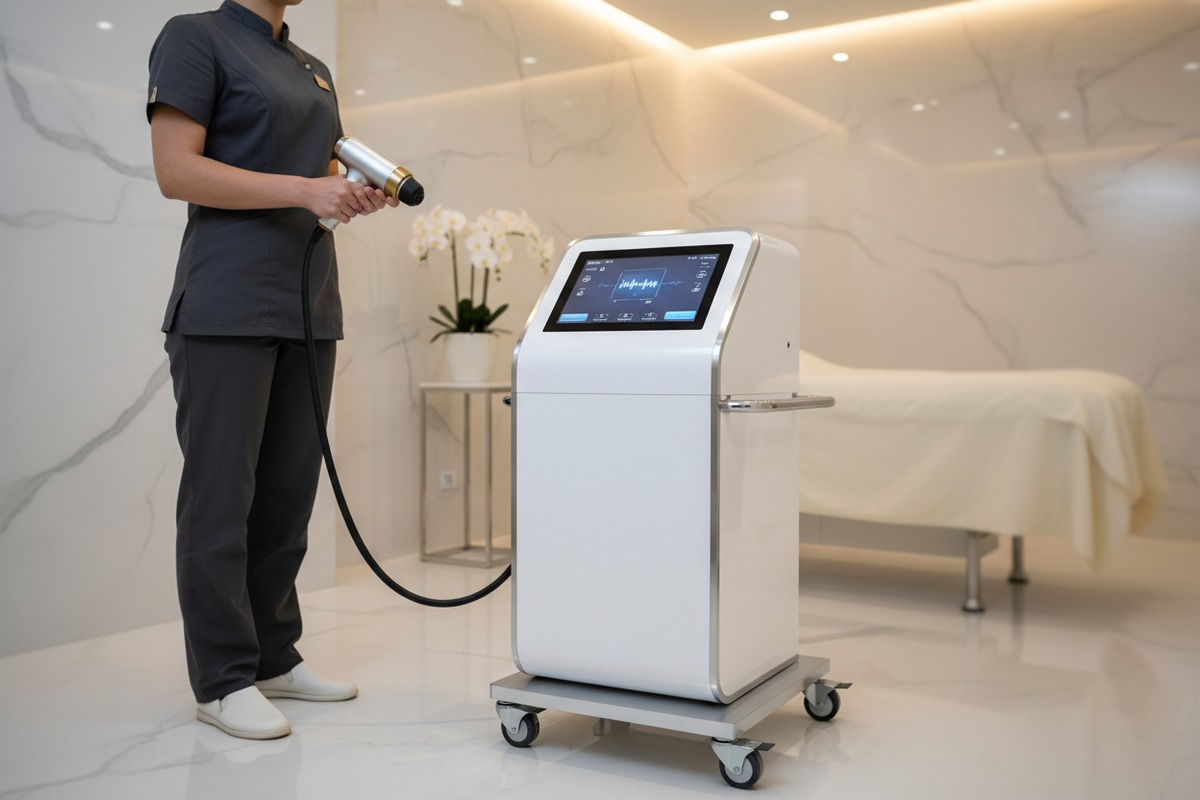 High-End Shockwave Machine Design High-end shockwave machine design featuring sophisticated color palettes and ergonomic handpieces for US salons (ID#2)