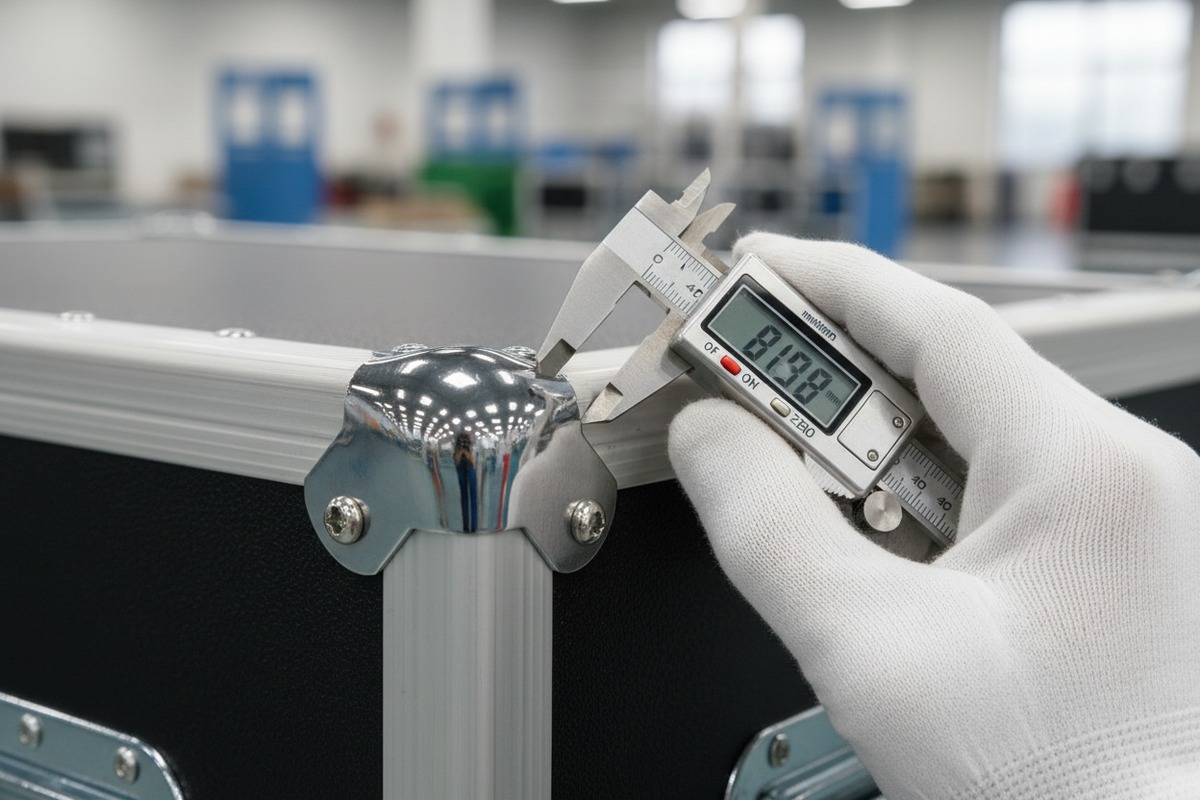 Verificación de los materiales de la caja estructural Verificación de materiales estructurales como aluminio de grado aeronáutico y paneles de HDPE para maletas de vuelo de envío internacional (ID#2)