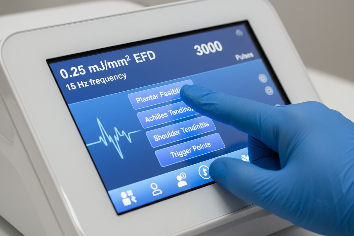 Klinisch wirksame voreingestellte Protokolle Klinisch wirksame voreingestellte Protokolle für die Stoßwellentherapie mit Angaben zu Energiedichtefluss und Frequenzeinstellungen (ID#2)