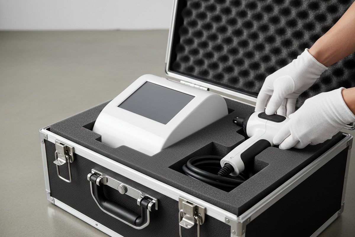 تغليف متين مع رغوة مخصصة وزوايا مقواة لنقل آلة الموجات الصدمية بأمان (ID#3)