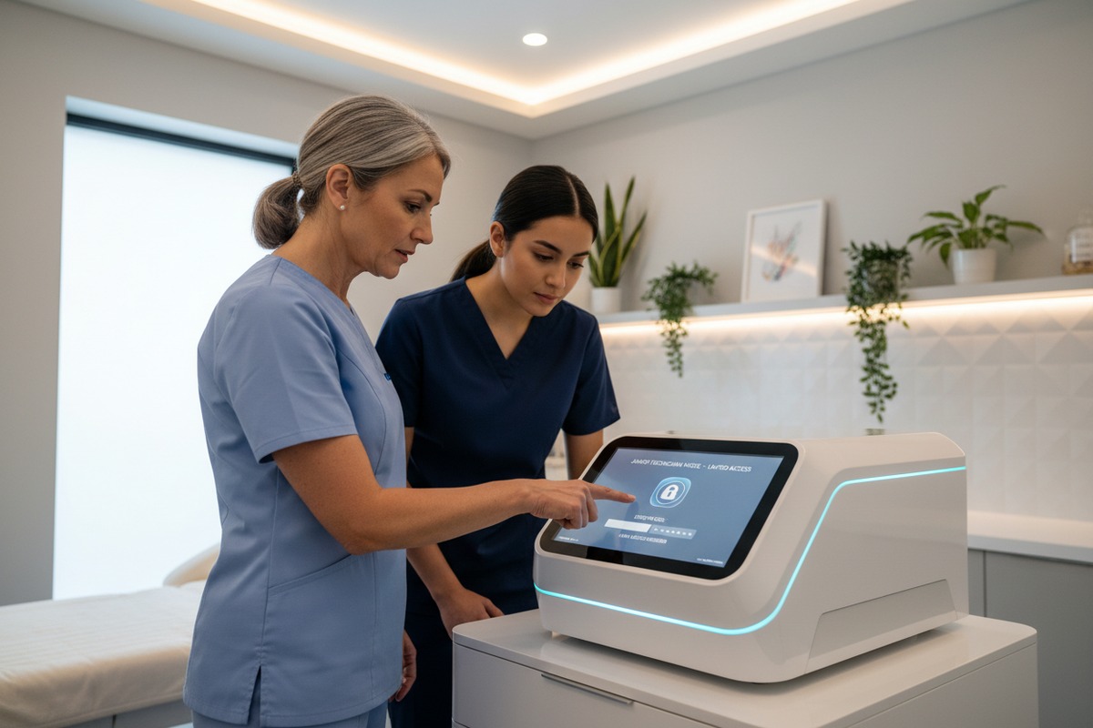 Multi-level access codes for corporate administrators to control devices across salon locations (ID#4)
