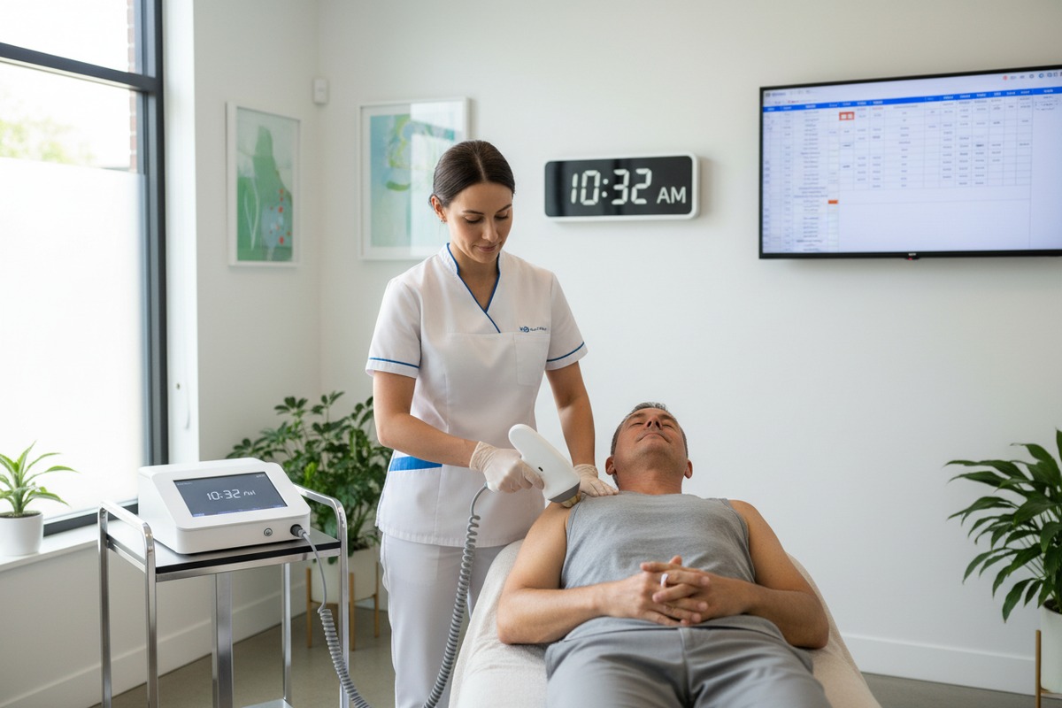 Break-even analysis showing session counts and payback periods for shockwave therapy equipment investment (ID#3)