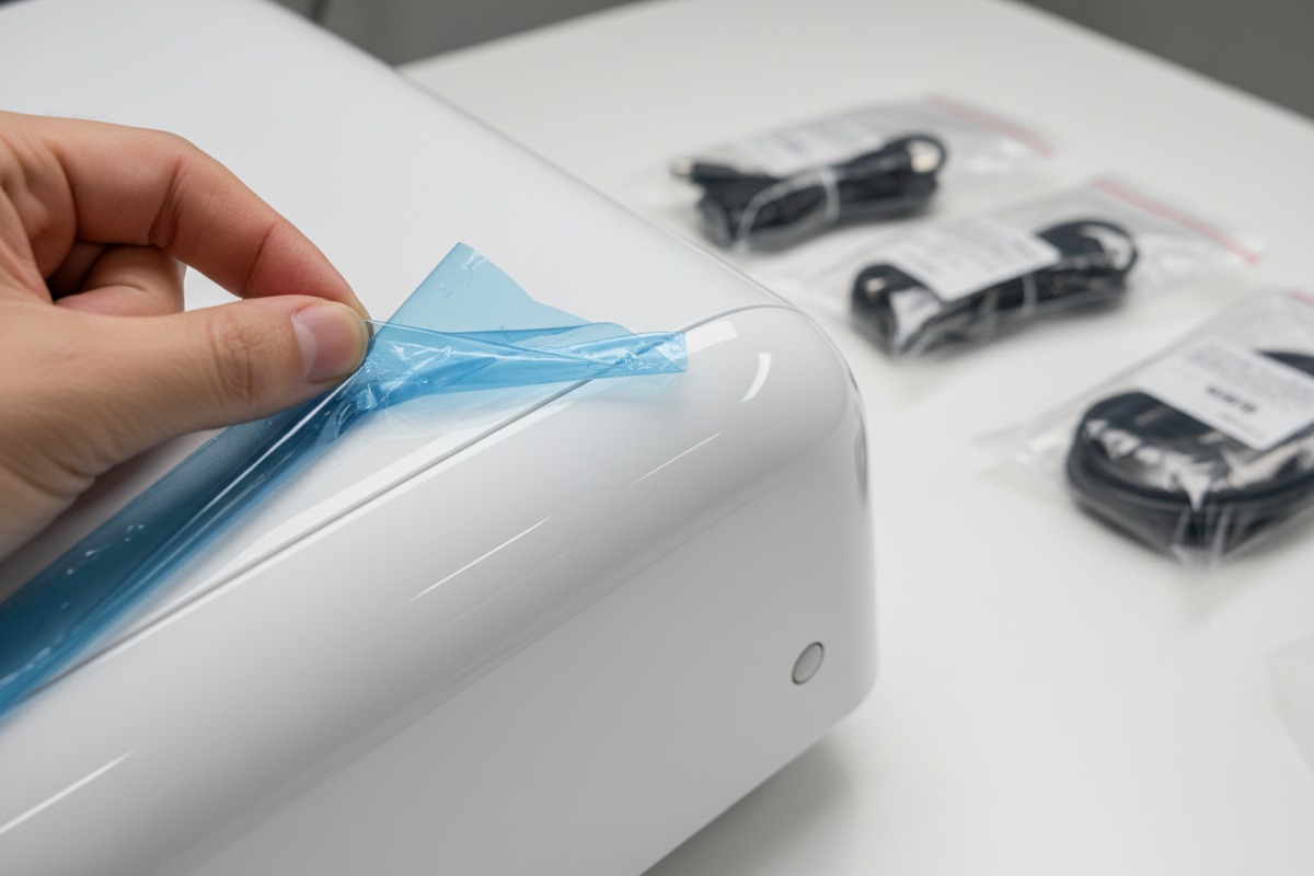 Überprüfung der makellosen Werksverpackung und intakten Siegel einer brandneuen Stoßwellentherapiemaschine (ID#2)