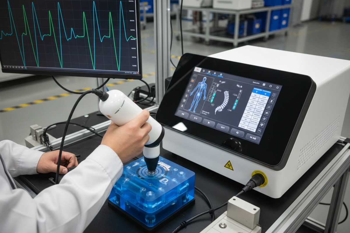 Inspectores independientes verificando las características de seguridad y la calidad de fabricación de la máquina de terapia de ondas de choque para proteger la reputación de la marca (ID#2)