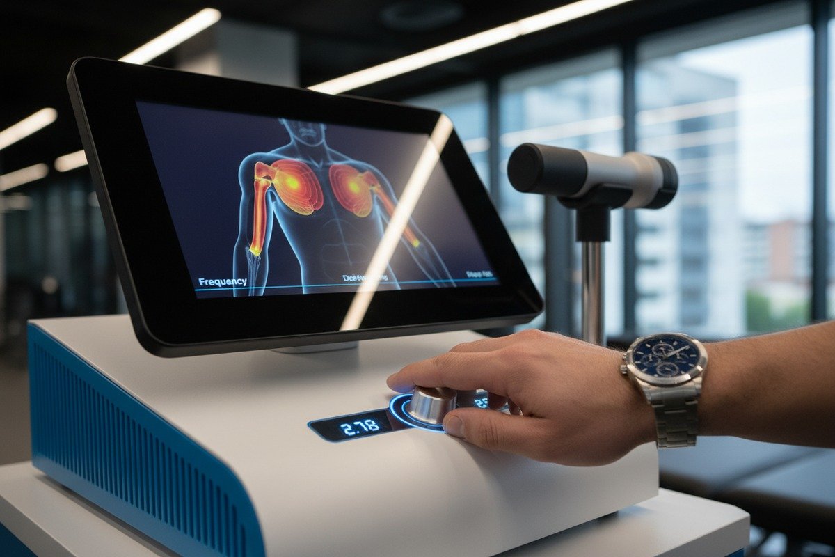 Customizable private label shockwave device settings for targeting deep muscle knots and trigger points (ID#5)