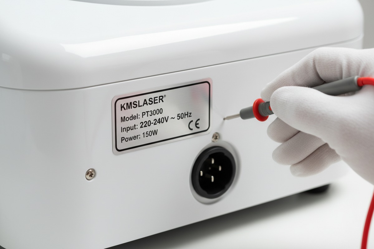 Etiqueta de alimentación de la máquina de presoterapia que muestra 220-240V y 50Hz para los estándares de voltaje europeos (ID#2)