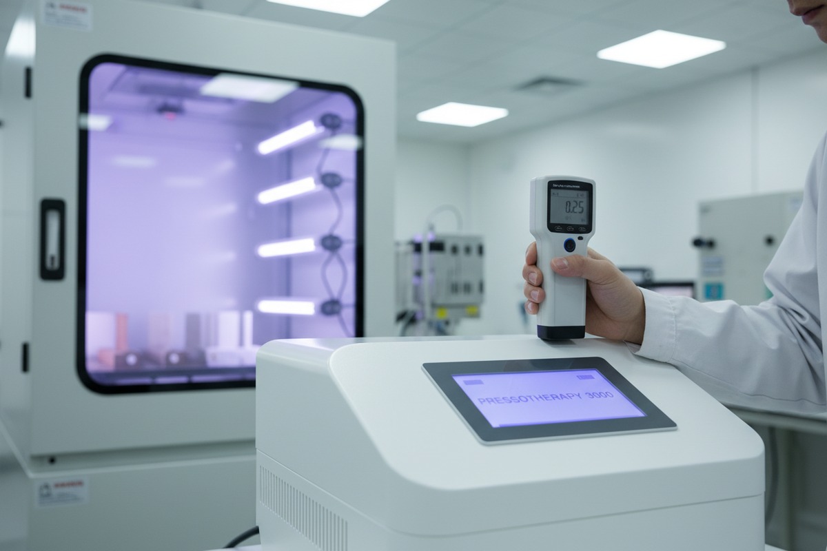 Testen der Pressotherapie-Maschinenverkleidung auf Vergilbung mittels beschleunigter UV-Alterung und Delta-E-Werten. (ID#2)