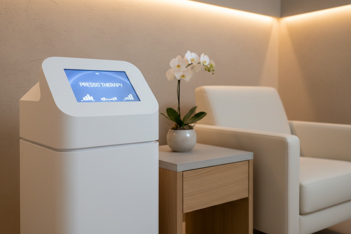 Machine de pressothérapie élégante avec des couleurs neutres et un encombrement compact pour une esthétique de spa haut de gamme (ID#2)