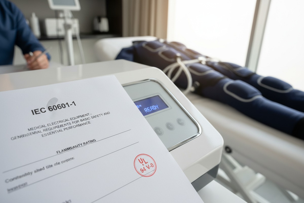 Сертификация корпуса аппарата для прессотерапии, включая FDA 510(k) и класс огнестойкости UL 94 для обеспечения безопасности (ID#2)