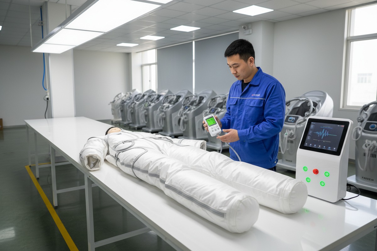 Factory quality control team testing customized pressotherapy settings during pre-shipment inspection (ID#4)