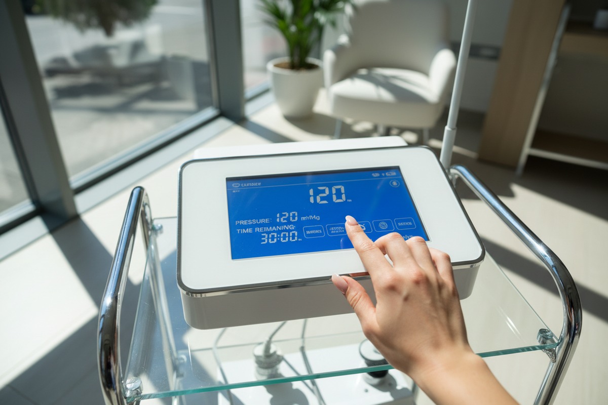 Testen der Salon-Bildschirmhelligkeit Überprüfung der Bildschirmhelligkeit und der Nits-Werte des Pressotherapie-Bildschirms für die Lesbarkeit in gut beleuchteten Salonumgebungen (ID#2)