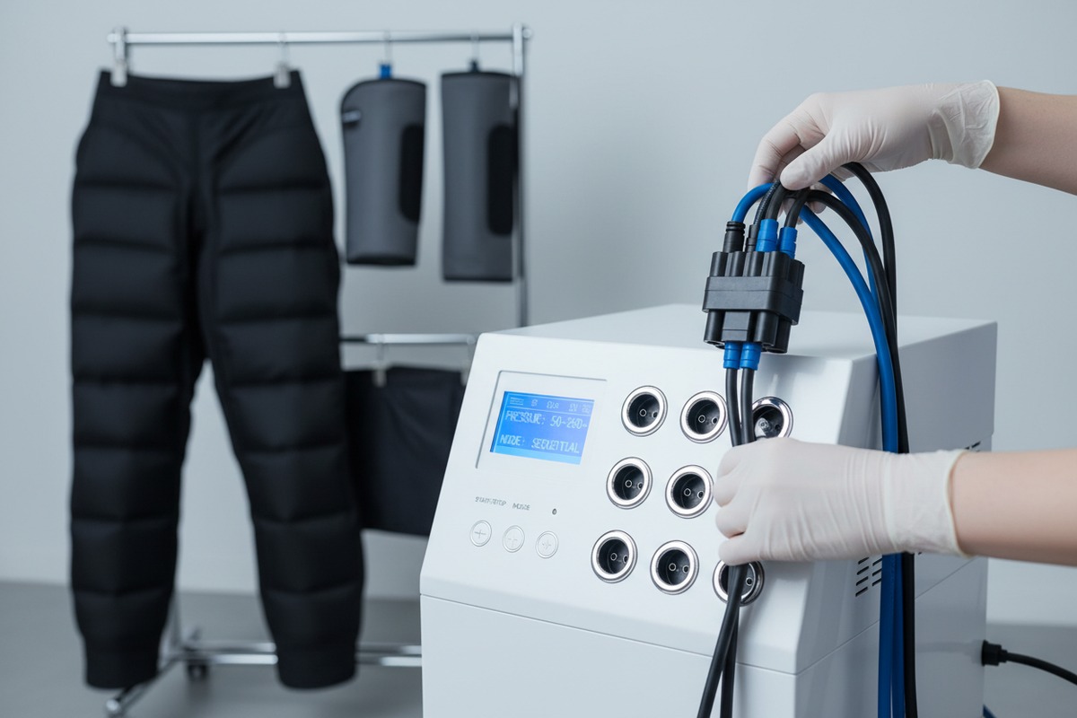 Pressotherapy machine supporting new garment sizes with universal quick-connect ports and air channels (ID#2)