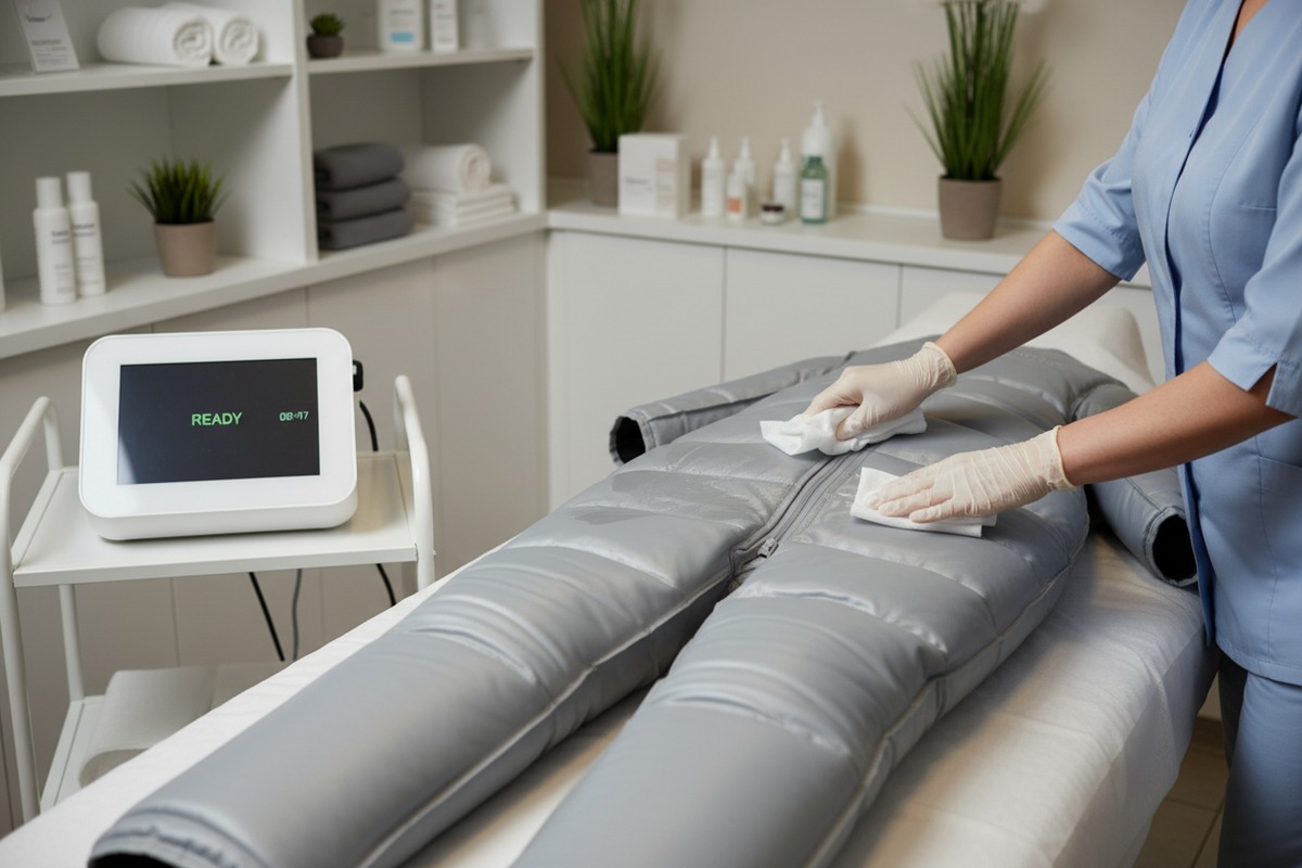 Fortschrittliche Pressotherapie-Maschinenfunktionen zur Reduzierung der Einrichtungszeit zwischen den Patientensitzungen (ID#3)