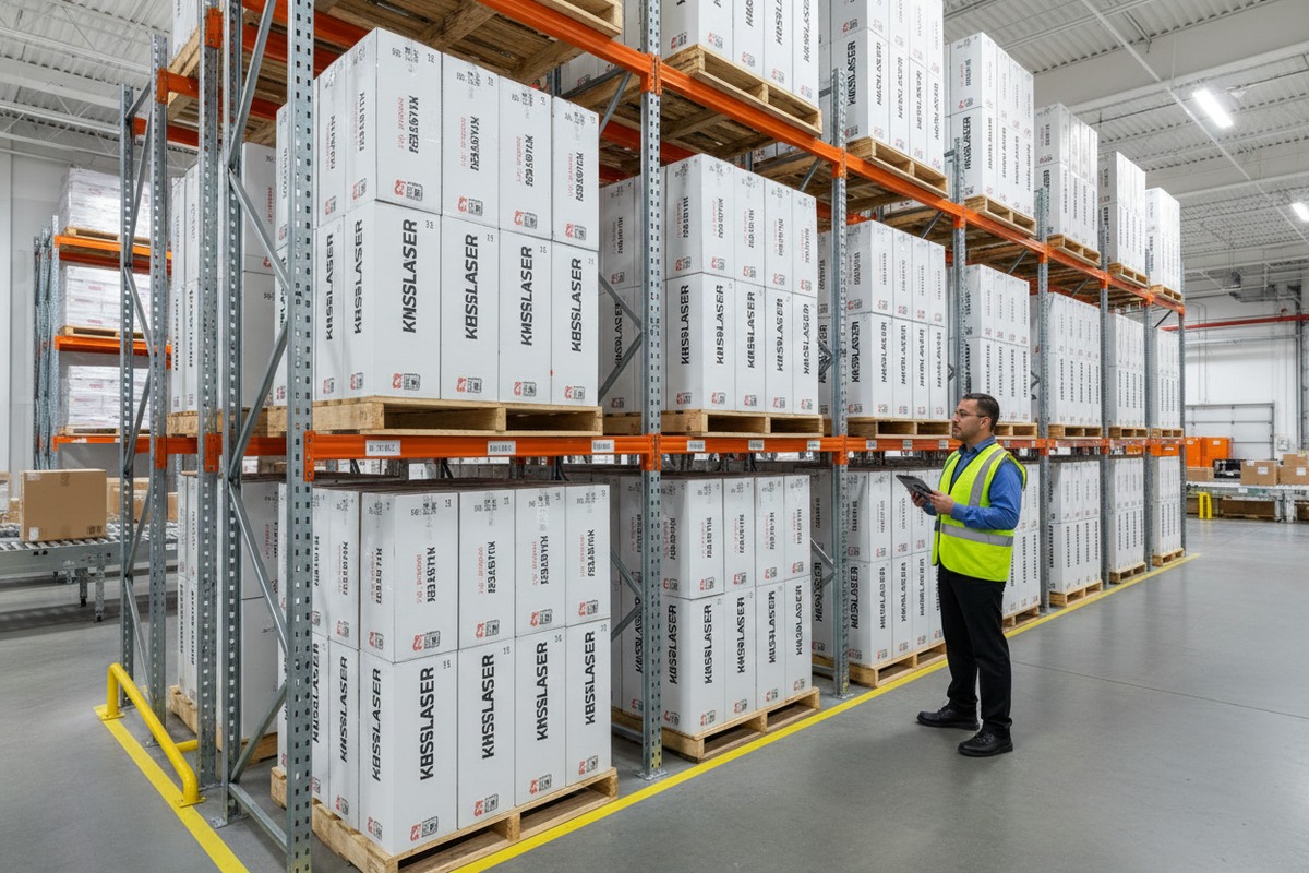 Optimierung der Lagerlagerung Optimierung der Lagerlagerung mit stapelbaren Pressotherapie-Geräteverpackungen und modularen Komponenten auf Paletten (ID#2)