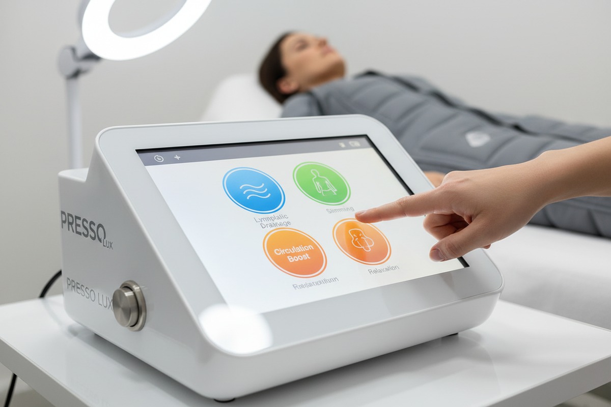 User-friendly touchscreen interface with pre-set clinical protocols for easy pressotherapy machine operation. (ID#3)