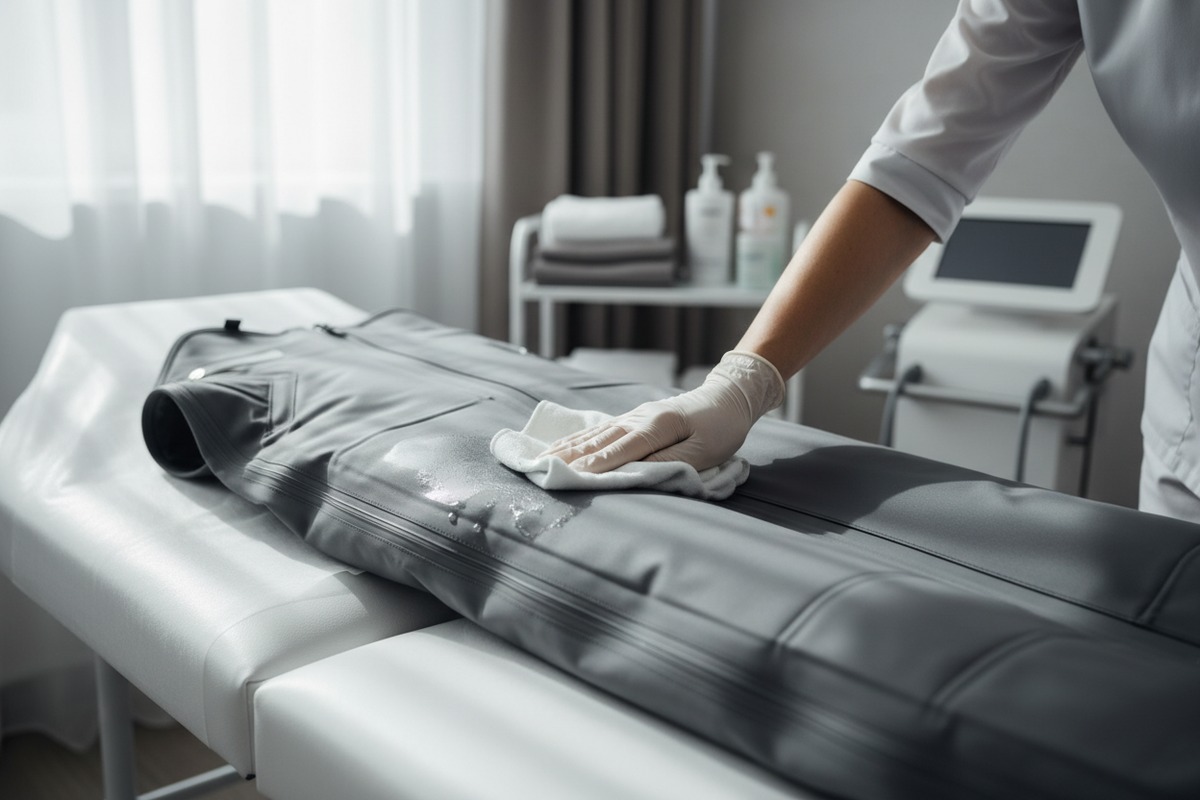 Water-resistant TPU pressotherapy suit material designed for rapid sanitization and high-volume salon use. (ID#4)