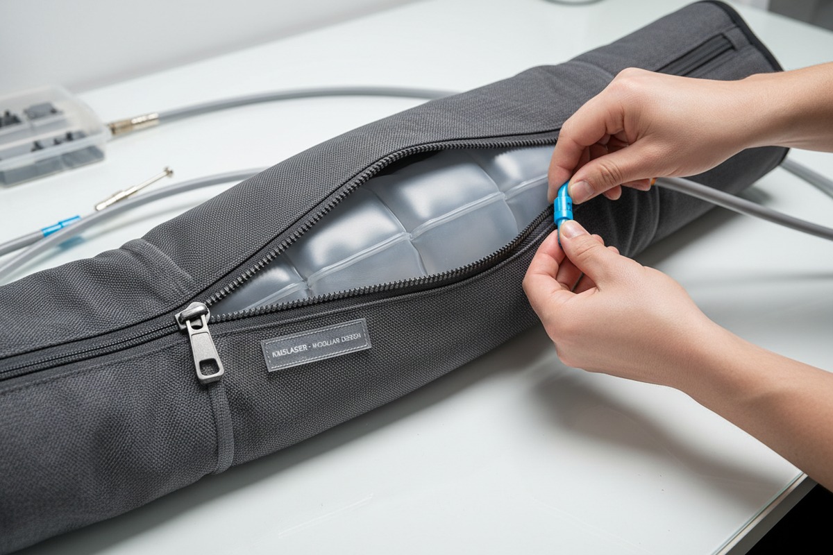 Technician demonstrating quick tool-free airbag replacement on a professional pressotherapy device (ID#2)