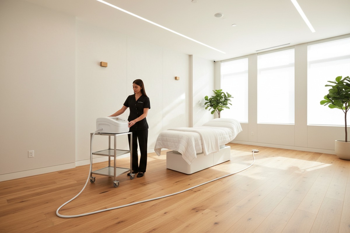 Installation efficace du salon utilisant une longueur de cordon d'alimentation optimale pour le placement de la machine de pressothérapie professionnelle (ID#2)