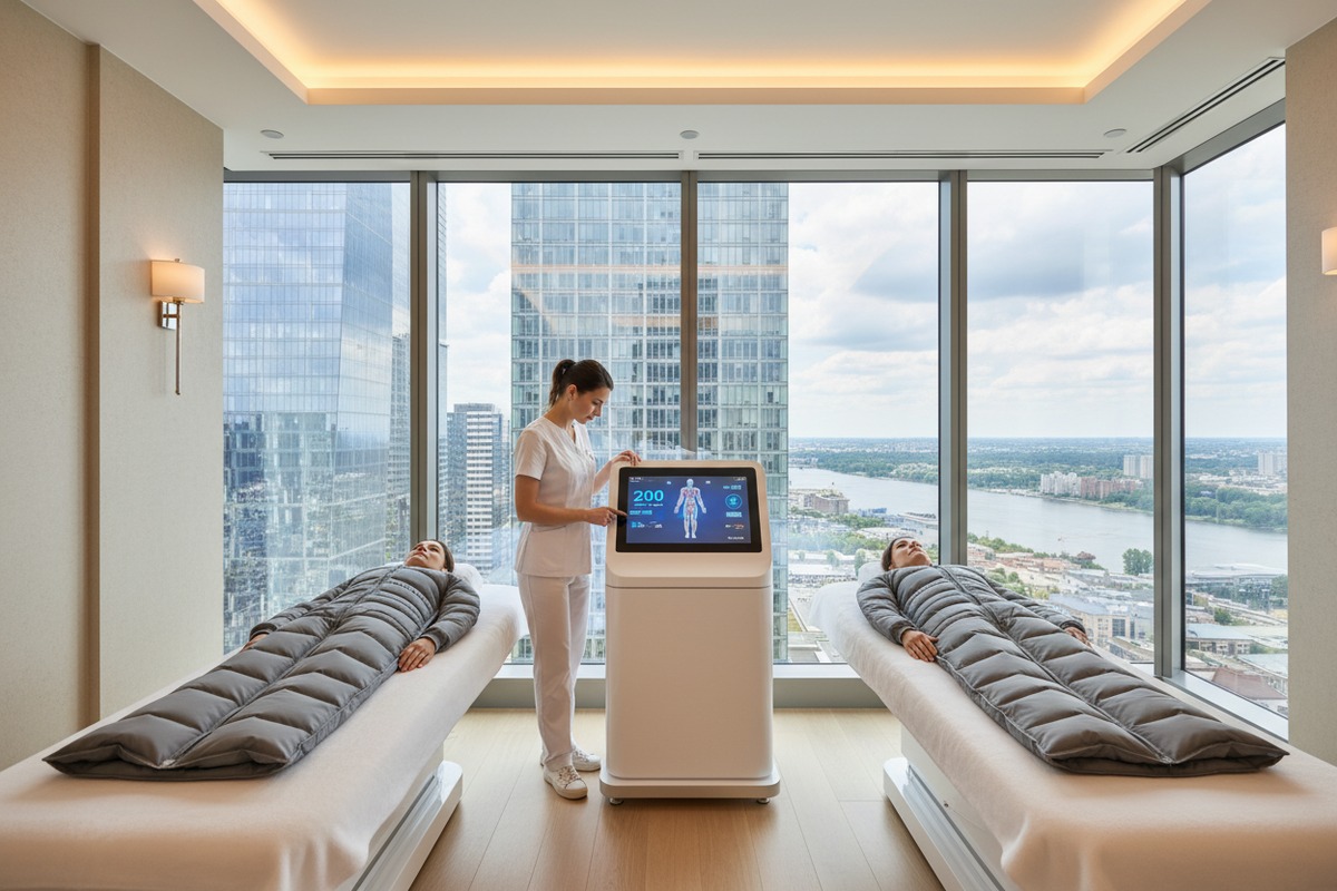 Customizing Pressotherapy Machine Features Custom pressotherapy machine with independent channel controls and overlapping chamber technology for clinics (ID#2)